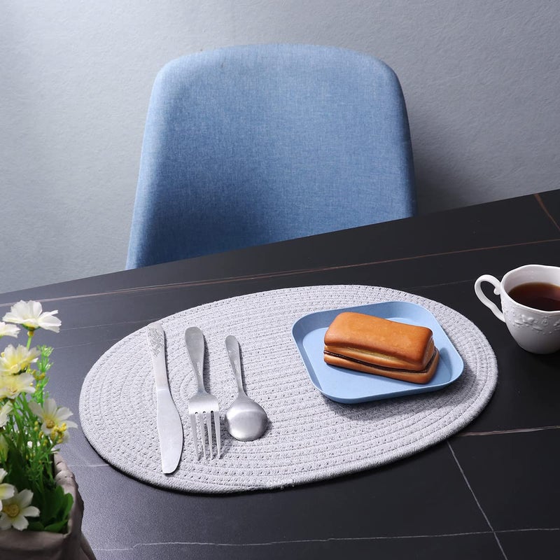 WENFOME 4 Pack Oval Woven Placemats, Gray Cotton Rope Braided Placemats with 4 Pack Round Fabric Coasters, Heat-Resistant Non-Slip Cotton Table Mats Charger Plates for Table Decoration (Gray) - Image 2